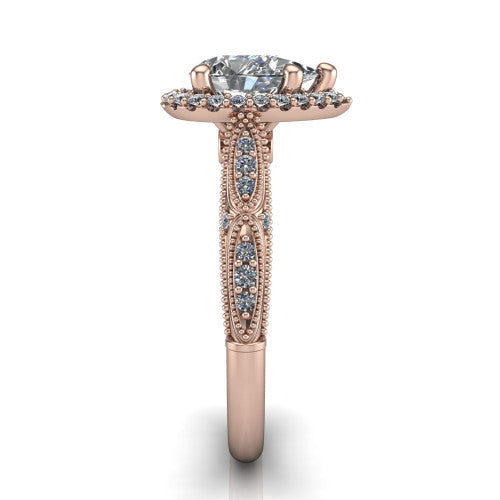 Jenna pear vintage halo engagement ring in 14K Rose Gold, side profile showing the pav&eacute; milgrain band, bezel side accent, and squared halo in profile