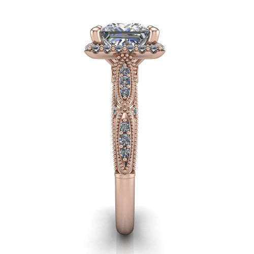 Jenna princess vintage halo engagement ring in 18K Rose Gold, side profile showing the pav&eacute; milgrain band, bezel side accent, and squared halo in profile
