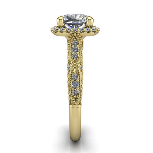 Jenna cushion vintage halo engagement ring in 14K Yellow Gold, side profile showing the pav&eacute; milgrain band, bezel side accent, and squared halo in profile