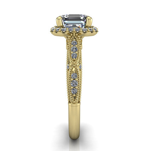 Jenna square emerald vintage halo engagement ring in 14K Yellow Gold, side profile showing the pav&eacute; milgrain band, bezel side accent, and squared halo in profile