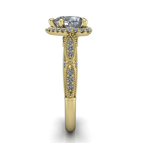 Jenna heart vintage halo engagement ring in 14K Yellow Gold, side profile showing the pav&eacute; milgrain band, bezel side accent, and squared halo in profile
