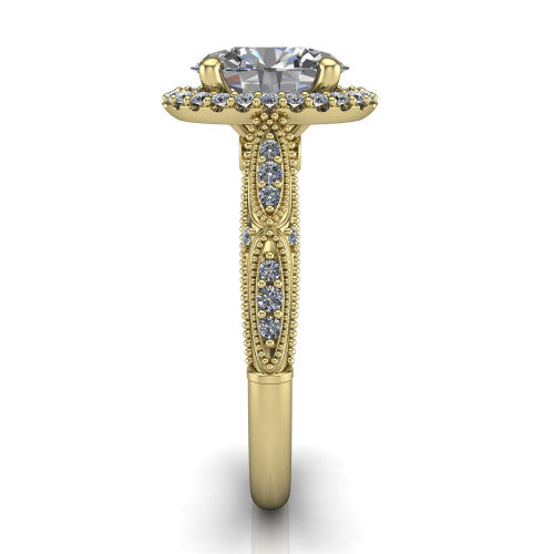 Jenna oval vintage halo engagement ring in 14K Yellow Gold, side profile showing the pav&eacute; milgrain band, bezel side accent, and squared halo in profile