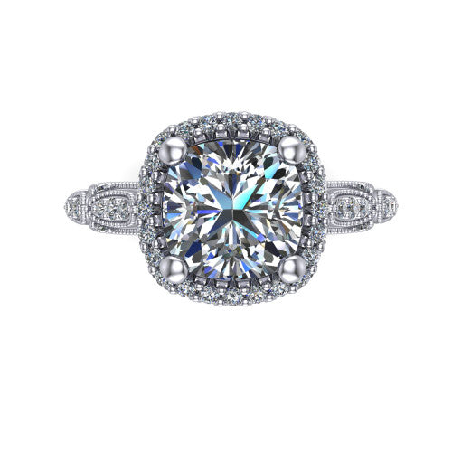 Jenna cushion vintage halo engagement ring in 14K White Gold, top-down view showing the squared pav&eacute; halo framing the cushion center with milgrain edges