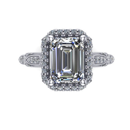 Jenna emerald vintage halo engagement ring in Platinum, top-down view showing the squared pav&eacute; halo framing the emerald center with milgrain edges