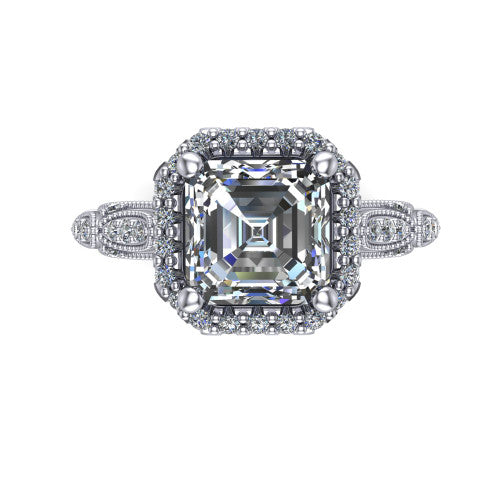 Jenna square emerald vintage halo engagement ring in 18K White Gold, top-down view showing the squared pav&eacute; halo framing the square emerald center with milgrain edges