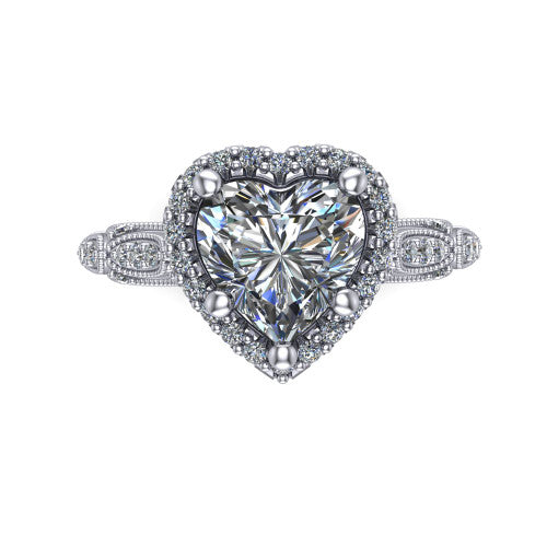 Jenna heart vintage halo engagement ring in 14K White Gold, top-down view showing the squared pav&eacute; halo framing the heart center with milgrain edges