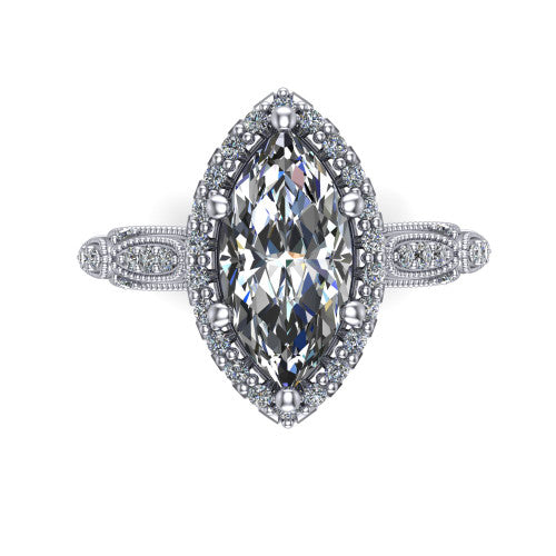Jenna marquise vintage halo engagement ring in Platinum, top-down view showing the squared pav&eacute; halo framing the marquise center with milgrain edges