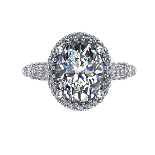 Jenna oval vintage halo engagement ring in Platinum, top-down view showing the squared pav&eacute; halo framing the oval center with milgrain edges