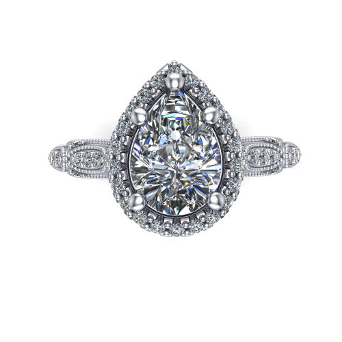 Jenna pear vintage halo engagement ring in Platinum, top-down view showing the squared pav&eacute; halo framing the pear center with milgrain edges