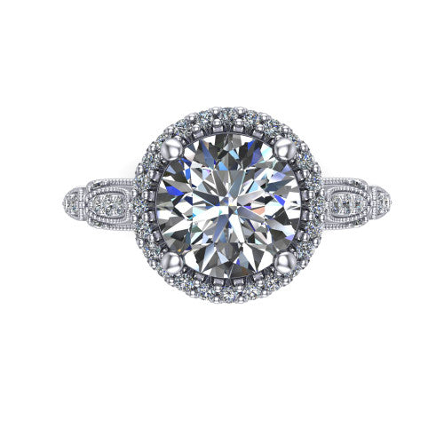 Jenna round vintage halo engagement ring in Platinum, top-down view showing the squared pav&eacute; halo framing the round center with milgrain edges