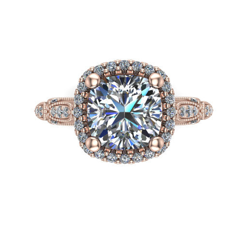 Jenna cushion vintage halo engagement ring in 18K Rose Gold, top-down view showing the squared pav&eacute; halo framing the cushion center with milgrain edges