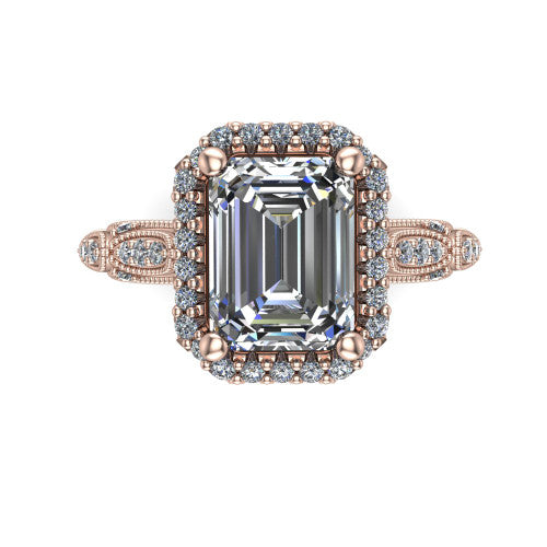 Jenna emerald vintage halo engagement ring in 14K Rose Gold, top-down view showing the squared pav&eacute; halo framing the emerald center with milgrain edges