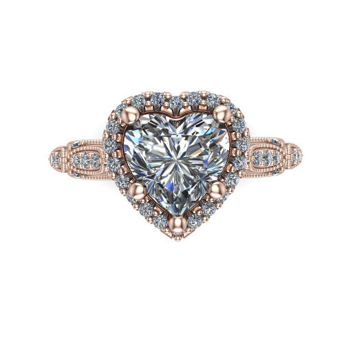Jenna heart vintage halo engagement ring in 18K Rose Gold, top-down view showing the squared pav&eacute; halo framing the heart center with milgrain edges