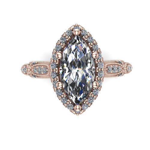 Jenna marquise vintage halo engagement ring in 14K Rose Gold, top-down view showing the squared pav&eacute; halo framing the marquise center with milgrain edges