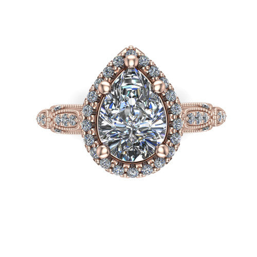 Jenna pear vintage halo engagement ring in 14K Rose Gold, top-down view showing the squared pav&eacute; halo framing the pear center with milgrain edges