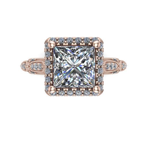 Jenna princess vintage halo engagement ring in 14K Rose Gold, top-down view showing the squared pav&eacute; halo framing the princess center with milgrain edges