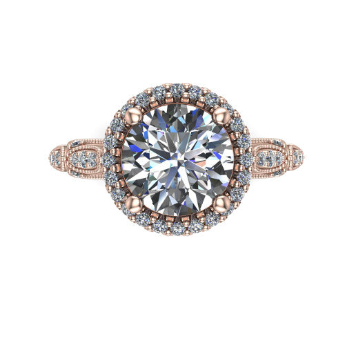 Jenna round vintage halo engagement ring in 18K Rose Gold, top-down view showing the squared pav&eacute; halo framing the round center with milgrain edges