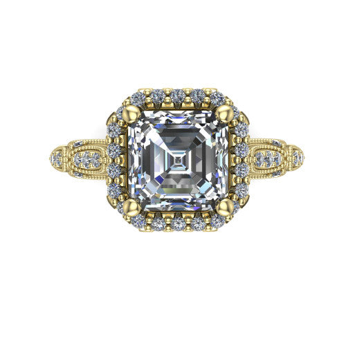 Jenna square emerald vintage halo engagement ring in 18K Yellow Gold, top-down view showing the squared pav&eacute; halo framing the square emerald center with milgrain edges
