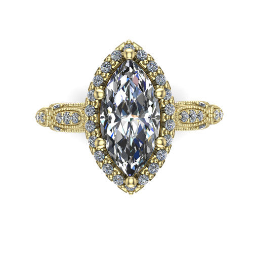 Jenna marquise vintage halo engagement ring in 14K Yellow Gold, top-down view showing the squared pav&eacute; halo framing the marquise center with milgrain edges
