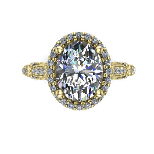 Jenna oval vintage halo engagement ring in 14K Yellow Gold, top-down view showing the squared pav&eacute; halo framing the oval center with milgrain edges