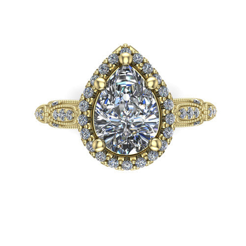 Jenna pear vintage halo engagement ring in 14K Yellow Gold, top-down view showing the squared pav&eacute; halo framing the pear center with milgrain edges
