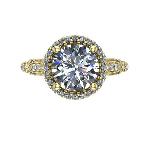 Jenna round vintage halo engagement ring in 14K Yellow Gold, top-down view showing the squared pav&eacute; halo framing the round center with milgrain edges