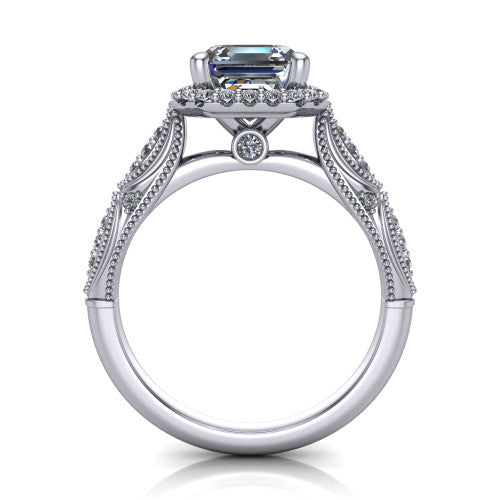 Jenna square emerald vintage halo engagement ring in Platinum, through-finger front profile showing the halo head and milgrain gallery with a bezel accent above the pav&eacute; band