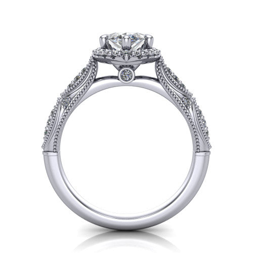 Jenna marquise vintage halo engagement ring in Platinum, through-finger front profile showing the halo head and milgrain gallery with a bezel accent above the pav&eacute; band