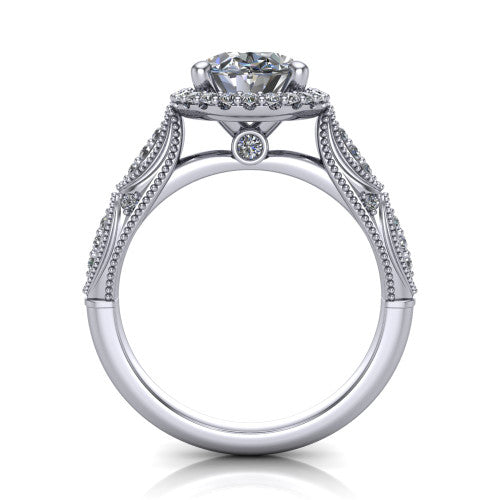 Jenna oval vintage halo engagement ring in 14K White Gold, through-finger front profile showing the halo head and milgrain gallery with a bezel accent above the pav&eacute; band
