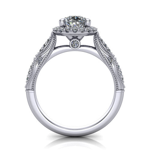 Jenna pear vintage halo engagement ring in 18K White Gold, through-finger front profile showing the halo head and milgrain gallery with a bezel accent above the pav&eacute; band