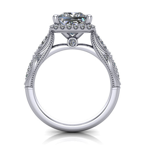Jenna princess vintage halo engagement ring in 18K White Gold, through-finger front profile showing the halo head and milgrain gallery with a bezel accent above the pav&eacute; band