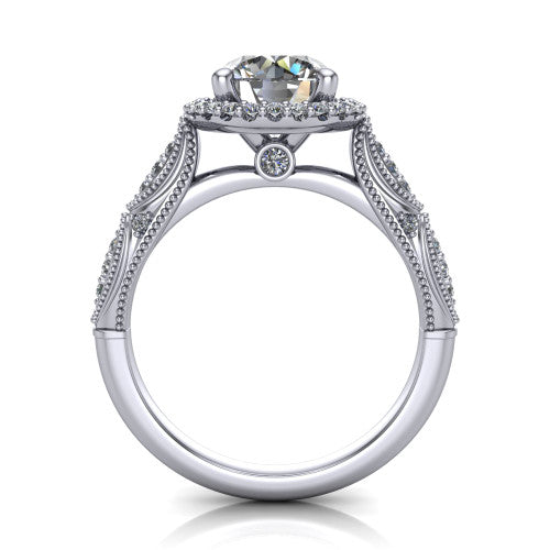 Jenna round vintage halo engagement ring in Platinum, through-finger front profile showing the halo head and milgrain gallery with a bezel accent above the pav&eacute; band