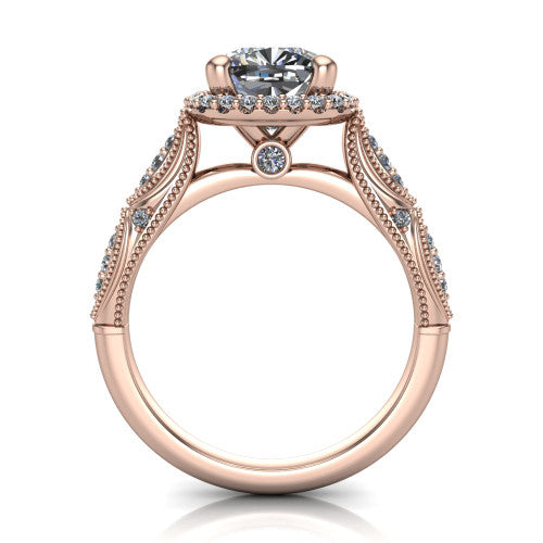 Jenna cushion vintage halo engagement ring in 14K Rose Gold, through-finger front profile showing the halo head and milgrain gallery with a bezel accent above the pav&eacute; band