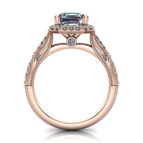 Jenna square emerald vintage halo engagement ring in 18K Rose Gold, through-finger front profile showing the halo head and milgrain gallery with a bezel accent above the pav&eacute; band