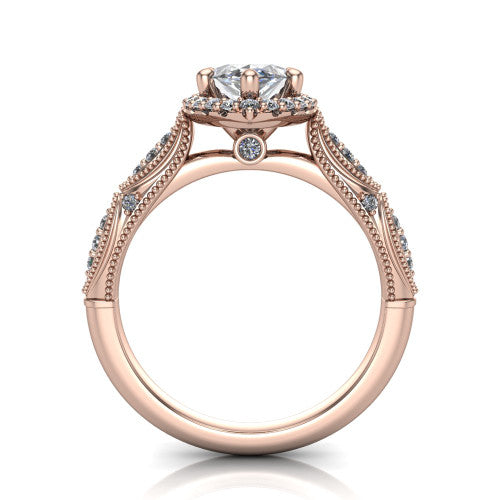 Jenna marquise vintage halo engagement ring in 14K Rose Gold, through-finger front profile showing the halo head and milgrain gallery with a bezel accent above the pav&eacute; band