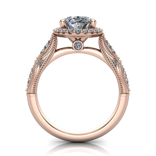 Jenna oval vintage halo engagement ring in 14K Rose Gold, through-finger front profile showing the halo head and milgrain gallery with a bezel accent above the pav&eacute; band