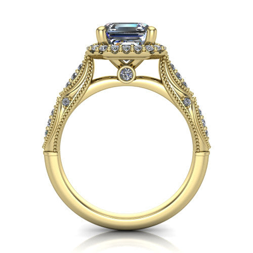 Jenna square emerald vintage halo engagement ring in 14K Yellow Gold, through-finger front profile showing the halo head and milgrain gallery with a bezel accent above the pav&eacute; band