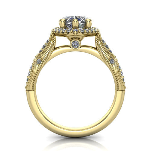 Jenna heart vintage halo engagement ring in 18K Yellow Gold, through-finger front profile showing the halo head and milgrain gallery with a bezel accent above the pav&eacute; band