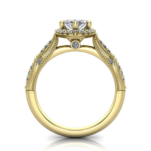 Jenna marquise vintage halo engagement ring in 18K Yellow Gold, through-finger front profile showing the halo head and milgrain gallery with a bezel accent above the pav&eacute; band