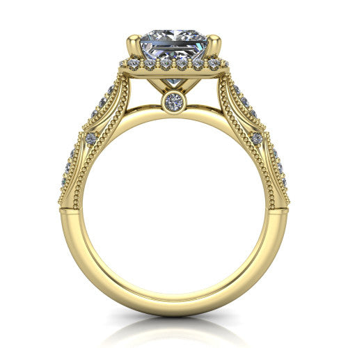 Jenna princess vintage halo engagement ring in 14K Yellow Gold, through-finger front profile showing the halo head and milgrain gallery with a bezel accent above the pav&eacute; band
