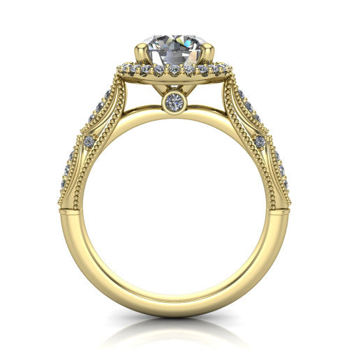 Jenna round vintage halo engagement ring in 18K Yellow Gold, through-finger front profile showing the halo head and milgrain gallery with a bezel accent above the pav&eacute; band