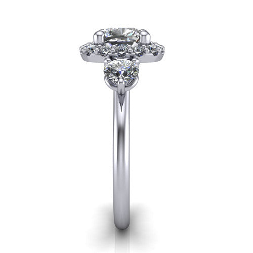 Carol cushion three stone halo engagement ring in 14K White Gold, side profile showing the plain polished band and the three-stone halo head in profile