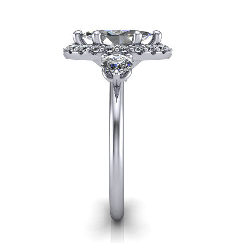 Carol marquise three stone halo engagement ring in 14K White Gold, side profile showing the plain polished band and the three-stone halo head in profile