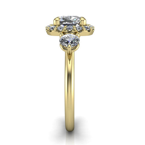 Carol cushion three stone halo engagement ring in 18K Yellow Gold, side profile showing the plain polished band and the three-stone halo head in profile