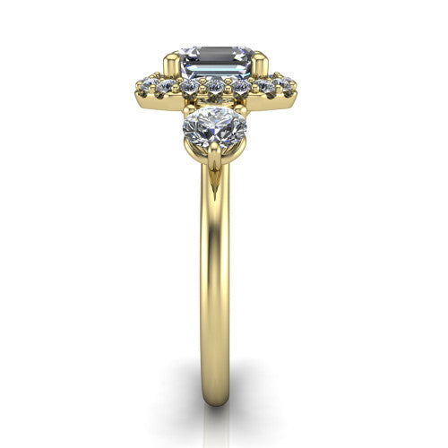 Carol square emerald three stone halo engagement ring in 14K Yellow Gold, side profile showing the plain polished band and the three-stone halo head in profile