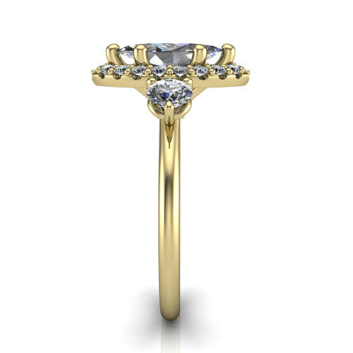 Carol marquise three stone halo engagement ring in 14K Yellow Gold, side profile showing the plain polished band and the three-stone halo head in profile