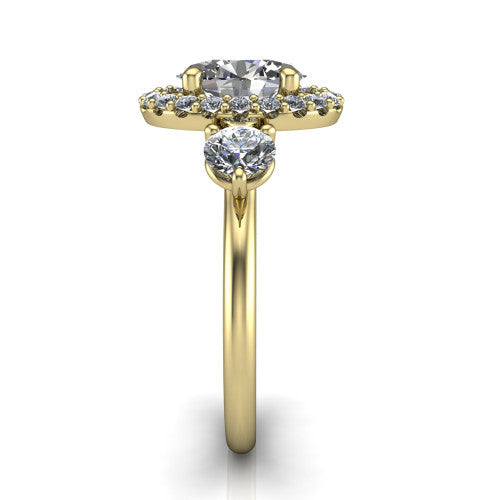 Carol oval three stone halo engagement ring in 14K Yellow Gold, side profile showing the plain polished band and the three-stone halo head in profile