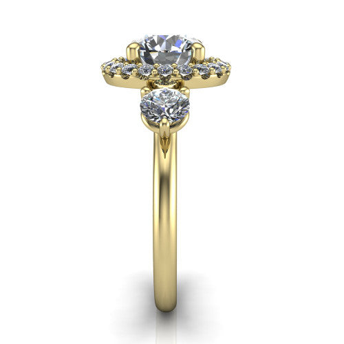Carol round three stone halo engagement ring in 18K Yellow Gold, side profile showing the plain polished band and the three-stone halo head in profile