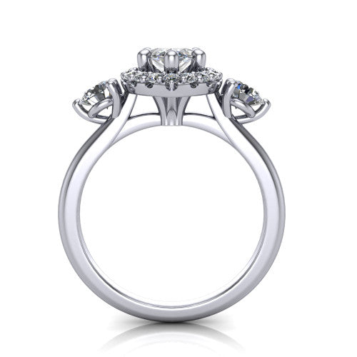 Carol marquise three stone halo engagement ring in Platinum, through-finger front profile showing the haloed center and side stones above the plain band
