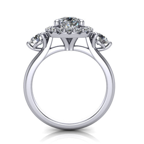 Carol pear three stone halo engagement ring in 14K White Gold, through-finger front profile showing the haloed center and side stones above the plain band